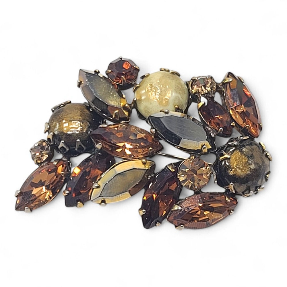 VINTAGE Regency Brooch Pin Topaz Gold Lava Foil Cabochon SIGNED Rhinestone